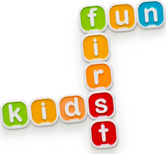 Colorful Bananagrams letter tiles arranged to spell 'fun first kids'. The game features vibrant, engaging colors that attract children's attention, perfect for promoting early literacy and word formation skills.