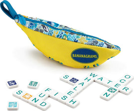 A vibrant yellow Bananagrams pouch shaped like a banana, featuring colorful ocean-themed patterns on the top. Surrounding the pouch are white letter tiles arranged to spell out words related to the ocean, such as 'WATER,' 'OCEAN,' and 'FISH.' The game encourages creative word formation and is perfect for family game nights.