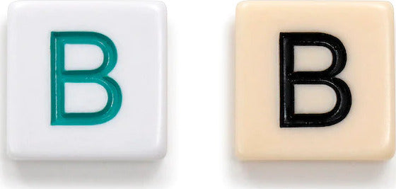 Two letter tiles from the Oceanic Bananagrams game. One tile is white with a teal 'B', and the other is beige with a black 'B'. These tiles are used for forming words in this fun and fast-paced word game.