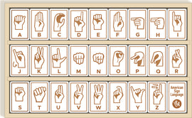 The Sign Language Alphabet Tiles by Begin Again feature a series of cards illustrated with the hand signs for each letter of the American Sign Language alphabet, displayed in a neat grid. The cards are designed with clear visuals to aid learning and communication through sign language.