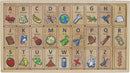 Begin Again Alphabet Adventure Tiles featuring illustrated wooden tiles displaying letters from A to Z, with corresponding images for each letter, ideal for educational play and language development.