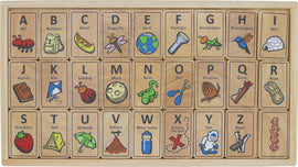 Begin Again Alphabet Adventure Tiles featuring illustrated wooden tiles displaying letters from A to Z, with corresponding images for each letter, ideal for educational play and language development.
