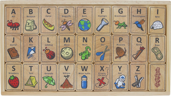 Begin Again Alphabet Adventure Tiles featuring illustrated wooden tiles displaying letters from A to Z, with corresponding images for each letter, ideal for educational play and language development.