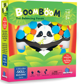 BoomBoom the Balancing Panda game by Blue Orange U.S.A. features a playful panda character balancing colorful pieces on its tree branch. Designed for 1-6 players ages 3 and up, this skill-building game encourages fine motor skills and social play. The vibrant packaging showcases engaging graphics and highlights the game's dexterity and balancing challenges, making it an attractive addition to family game nights.