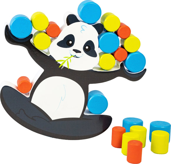 BoomBoom the Balancing Panda is a colorful, wooden game featuring a panda character balancing vibrant stacking pieces on its arms. The game includes various round pieces in blue, yellow, orange, and red that can be placed on the panda without tipping it over. Ideal for developing fine motor skills and strategic thinking in children.