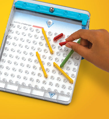 A hand manipulating colorful pieces on a white board of the TumbleMaze mechanical puzzle. The puzzle features a grid of holes and bright, removable sticks in various colors, encouraging problem-solving and spatial reasoning skills.