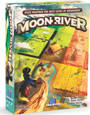 Moon River game by Blue Orange U.S.A. featuring a colorful box design. The box displays lush landscapes with farmland, rivers, and playful imagery of players on horseback. Suitable for ages 8 and up, for 2 to 4 players, it's designed for engaging family gameplay.