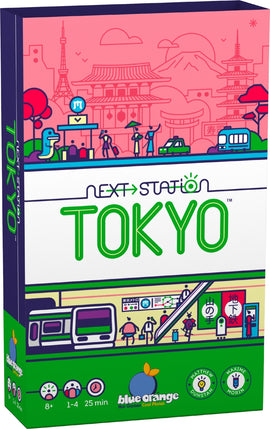 Next Station Tokyo board game by Blue Orange U.S.A. Features vibrant artwork showcasing a Tokyo cityscape with iconic landmarks, designed for 1-4 players aged 8 and up. The box highlights game components and recommended playtime of 25 minutes.