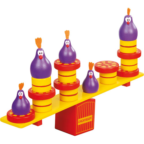 Chickyboom game by Blue Orange U.S.A. features colorful wooden chickens on a balance beam with stacked rings, designed for fun and skill development for children.