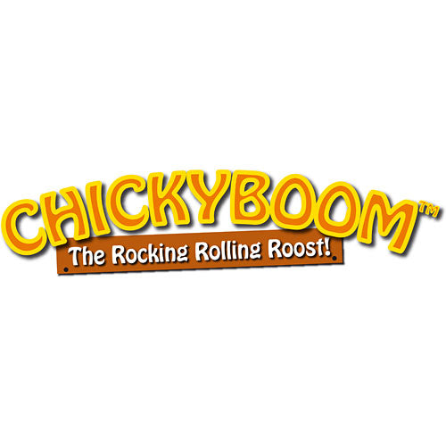 Chickyboom game logo featuring vibrant yellow and brown colors. The logo reads 'Chickyboom' with the tagline 'The Rocking Rolling Roost!' emphasizing fun and excitement for players of all ages.