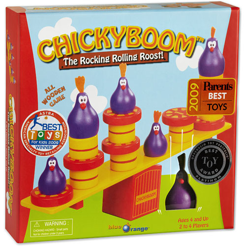 Chickyboom game by Blue Orange U.S.A. featuring vibrant wooden pieces shaped like chickens. The game includes a rocking base and colorful stacking elements, designed for 2 to 4 players aged 4 and up. The box showcases a fun, playful design highlighting the excitement of balancing and stacking.