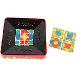 Pixy Cubes by Blue Orange U.S.A. displayed in a colorful tin container. The puzzle features interlocking cubes with vibrant red, blue, yellow, and green colors. Next to the tin, there are example pattern cards illustrating different arrangements, encouraging creative puzzle-solving.