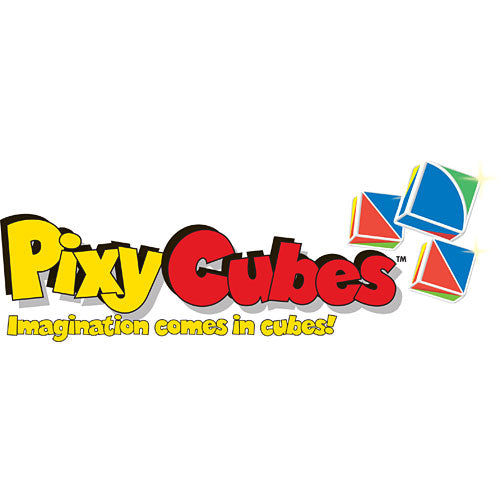 Pixy Cubes logo featuring vibrant colors and playful text. The logo includes three colorful cube shapes, symbolizing creativity and fun. The tagline 'Imagination comes in cubes!' emphasizes the imaginative aspect of this mechanical puzzle.