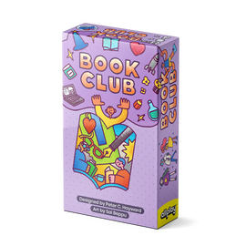 Book club game box cover purple with reading relevant drawings
