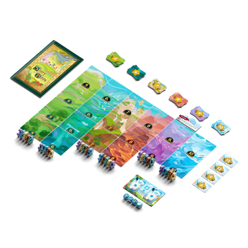 image of in progress game of Mountain Goats Legacy.  includes multicolor terrains and meeples