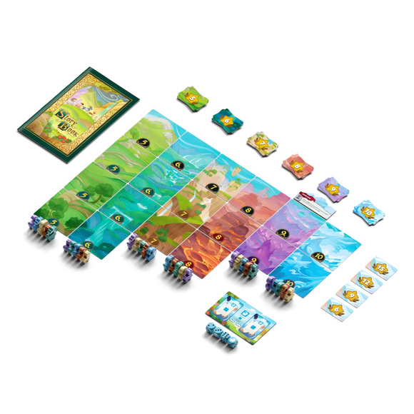 image of in progress game of Mountain Goats Legacy.  includes multicolor terrains and meeples