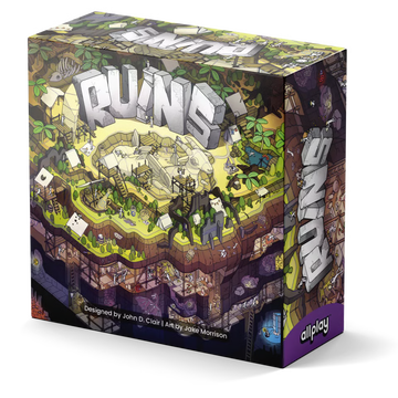The board game box for 'RUNS' by allplay, featuring a highly detailed, colorful isometric illustration of a fantasy arena with characters and stone title text on the front.