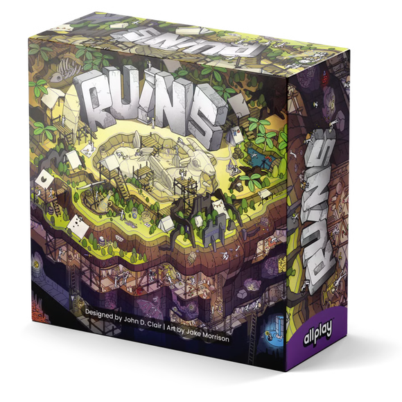 The board game box for 'RUNS' by allplay, featuring a highly detailed, colorful isometric illustration of a fantasy arena with characters and stone title text on the front.