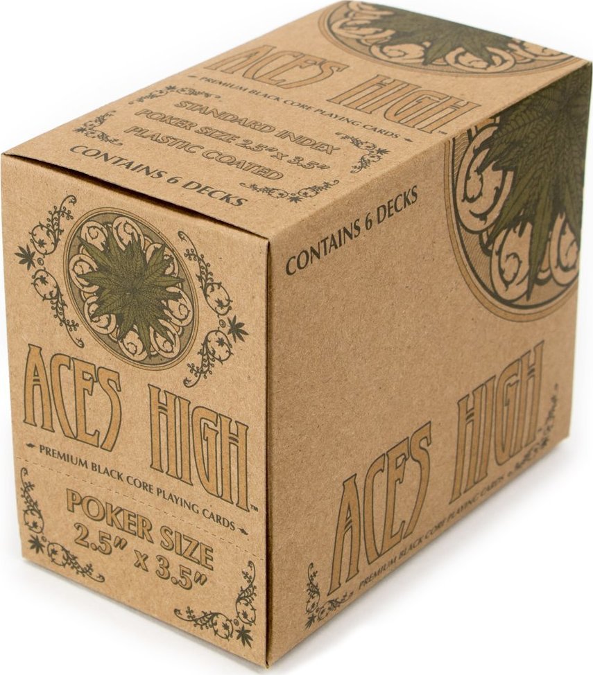 Aces High playing cards by Brybelly, packaged in a stylish brown box featuring intricate designs. The box contains 6 decks of premium black core poker-sized cards, measuring 2.5" x 3.5" and plastic coated for durability.