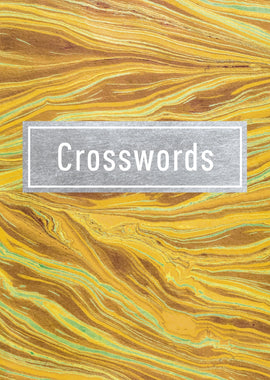 Cover of the Crosswords book by Baker & Taylor featuring a vibrant yellow design with swirling patterns. The title 'Crosswords' is centrally placed within a silver-bordered box.