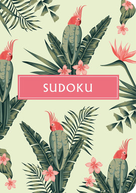 A vibrant Sudoku puzzle book featuring a cactus-themed cover adorned with colorful parrots, foliage, and tropical flowers, designed to engage puzzle enthusiasts.