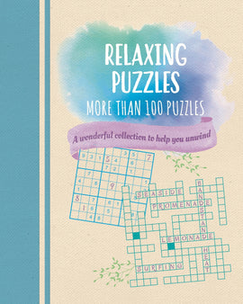 A vibrant book cover featuring the title 'Relaxing Puzzles' with a watercolor background. The cover showcases crossword puzzles, depicting words like Seaside, Promenade, and Surfing, inviting relaxation and mental engagement.