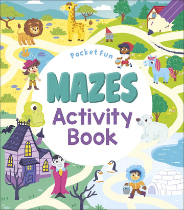 Cover of the Pocket Fun Mazes Activity Book featuring colorful illustrations of characters including a lion, giraffe, and children navigating various mazes. The book title is prominently displayed in bold, fun lettering.