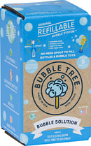 Bubble Tree refillable bubble solution packaging showcasing a no-mess spout for easy filling of bubble bottles and toys. The box highlights various features including being paraben-free, phthalate-free, and eco-friendly. The design emphasizes its recyclable packaging and value of 8 refills, with a playful bubble theme.