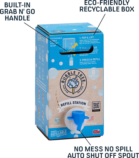 Bubble Tree Bubble Refill Station in a colorful, eco-friendly box showcasing sustainable bubble solution setup. Features include a built-in grab n' go handle, an auto shut-off spout, and instructions on how to refill with no mess. Designed for easy and safe refilling with eight refills included.