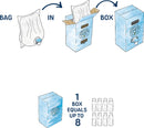 Illustration showing the process of using Bubble Refill by Bubble Tree. A bag is placed into a box, which dispenses up to 8 bubbles per refill, making it easy to use and environmentally friendly.