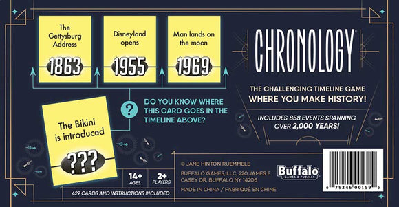 Chronology board game by Buffalo Games, featuring a dark background with vibrant graphics. The game includes notable historical events such as The Gettysburg Address (1863), Disneyland opening (1955), and the moon landing (1969). It challenges players to place cards in the correct chronological order, enhancing knowledge of history while having fun. The packaging mentions it includes 429 cards and instructions, suitable for ages 14 and up.