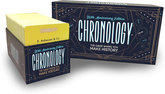 Chronology is a 20th Anniversary Edition board game by Buffalo Games. The box displays the game's name prominently in light blue text, with a decorative design featuring historical dates and clocks. It invites players to engage in a fun and educational experience by making connections through history.