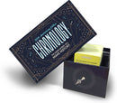 Chronology board game by Buffalo Games, featuring a sleek design with a dark blue and gold color scheme. The box displays the title 'Chronology' prominently, alongside a subtitle that reads 'The Game Where You Make History'. The game box is partially open, revealing an inner compartment with yellow game cards. The game's theme focuses on historical events and timelines, perfect for history enthusiasts and game lovers.