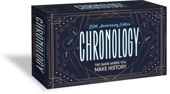 Chronology, 20th Anniversary Edition game box by Buffalo Games. The box features a design with clocks, dates, and a starry background, showcasing the tagline 'The game where you make history.'