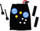 The Klask game by Buffalo Games features a black drawstring bag containing game pieces: two black magnetic striker pieces, two yellow balls, and white magnetic cubes. The bag has a blue circular emblem with the Klask logo, showcasing a fun and engaging game for friends and family.