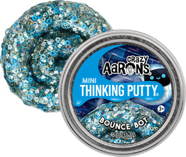 Mini Bounce Bot 2" Thinking Putty from Crazy Aaron's, featuring vibrant blue colors and shimmering sequins in a round tin. This enticing putty is designed for fidgeting, creative play, and stress relief, suitable for ages 3 and up.