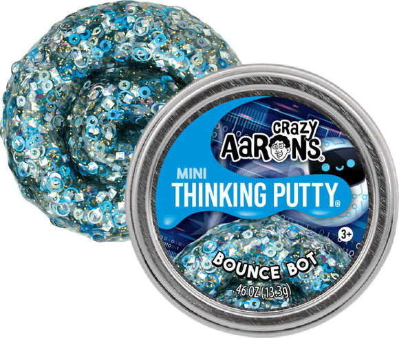 Mini Bounce Bot 2" Thinking Putty from Crazy Aaron's, featuring vibrant blue colors and shimmering sequins in a round tin. This enticing putty is designed for fidgeting, creative play, and stress relief, suitable for ages 3 and up.