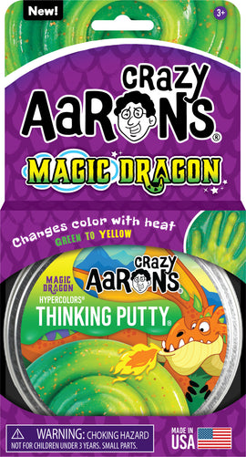 A 4-inch tin of Crazy Aaron's Thinking Putty in Magic Dragon color, featuring vibrant green and yellow hues that change with heat. The packaging includes a playful dragon design, indicating the putty's ability to transform color, with a warning about small parts for children under three. Perfect for fidgeting and creative play.