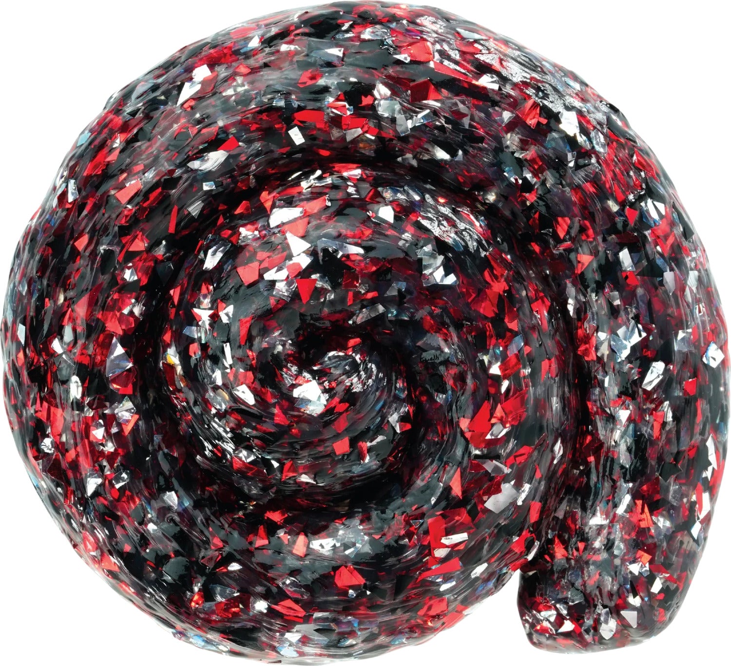 A top view of Crazy Aaron's Thinking Putty Ninja 4" in a spiral form. The putty is a vibrant mix of black with red and silver glitter flakes, offering a visually striking and engaging texture that's perfect for fidgeting or stress relief.