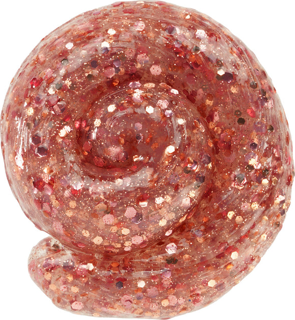 A 2-inch swirled putty in a beautiful rose gold color, embedded with glittering pink and gold hexagonal shapes, showcasing a shiny and sparkly texture. This putty is soft and pliable, perfect for stress relief and creative play.