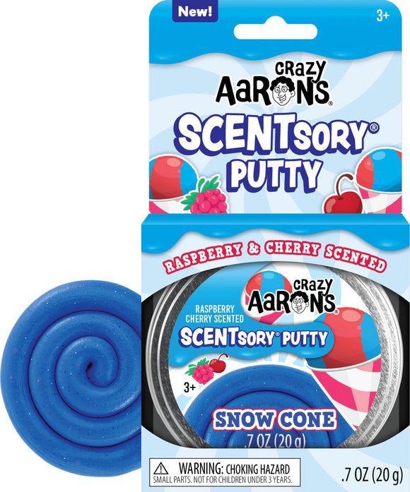 Crazy Aaron's Thinking Putty: Snow Cone, a blue, raspberry and cherry-scented putty that twists into a spiral shape. Packaged in a vibrant box featuring images of a snow cone and berries. Perfect for sensory play and stress relief.