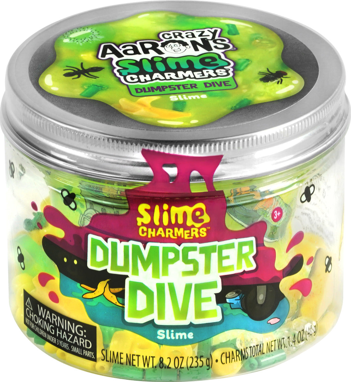 A jar of Crazy Aaron's Slime Charmers featuring the 'Dumpster Dive' variant. The slime is a vibrant green color with small decorative charms and curious shapes inside. The clear container showcases the colorful slime and its contents, with a playful design on the label. Perfect for sensory play and creativity, suitable for ages 3 and up.