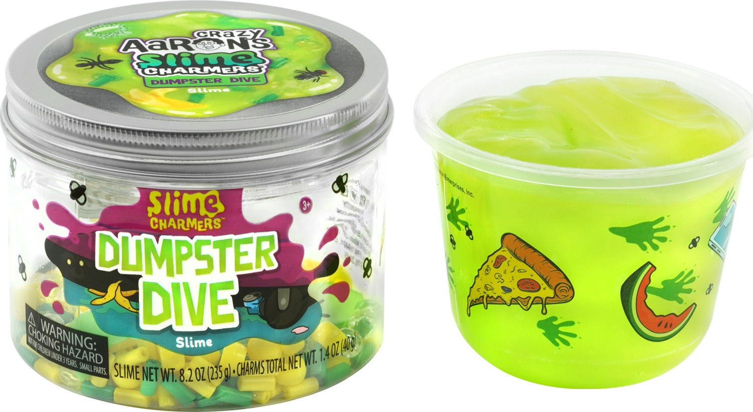 A clear jar of Crazy Aaron's Slime Charmers called Dumpster Dive, featuring vibrant green slime with fun, chunky add-ins resembling garbage items. The lid and the container have colorful graphics and playful designs, ideal for creative play and sensory exploration.