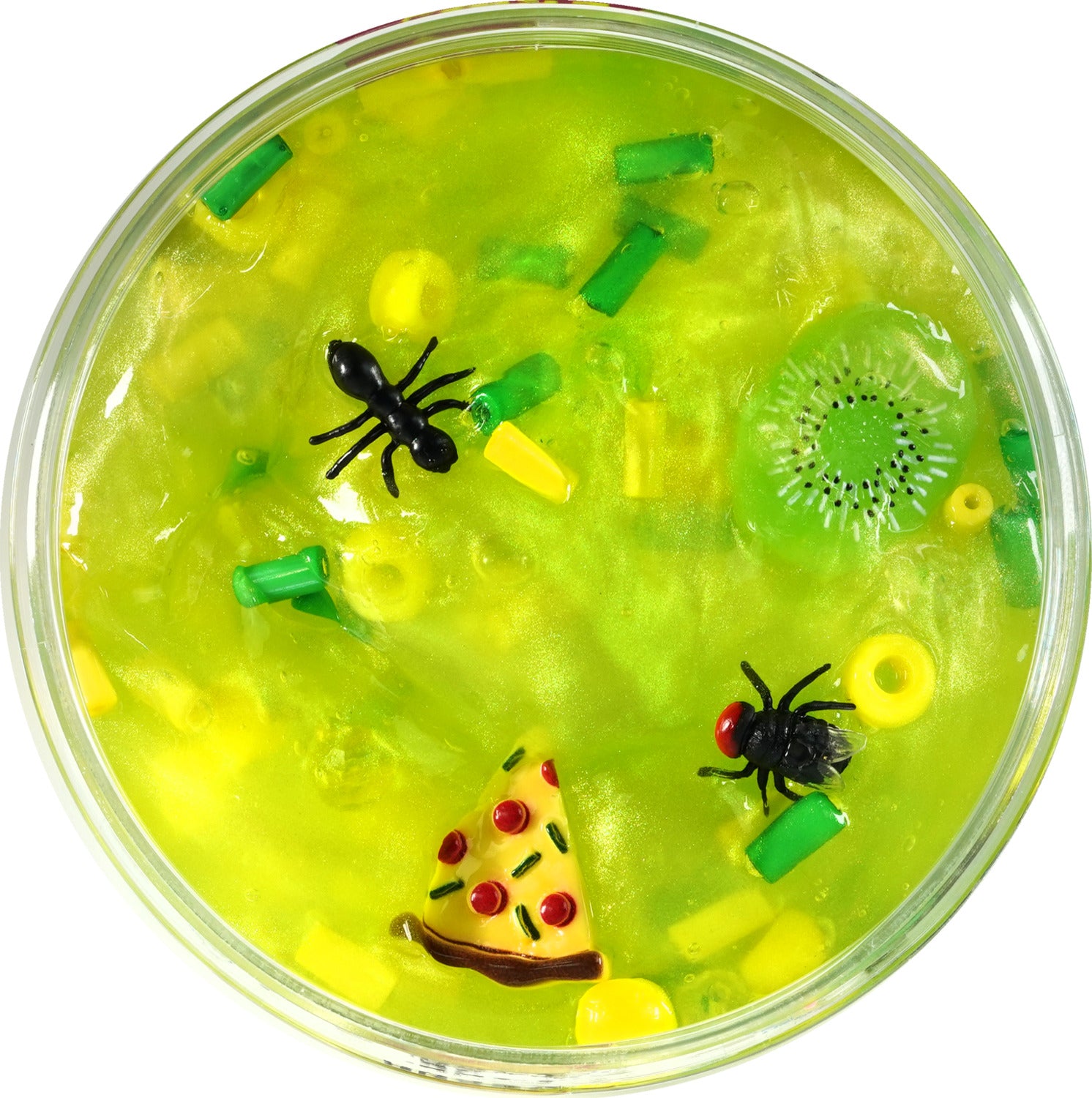 A vibrant slime product from Crazy Aaron's Puttyworld, featuring a bright yellow and green color with various colorful foam pieces and playful plastic insects and food items, showcasing a fun, creative, and sensory-rich experience for kids and adults alike.