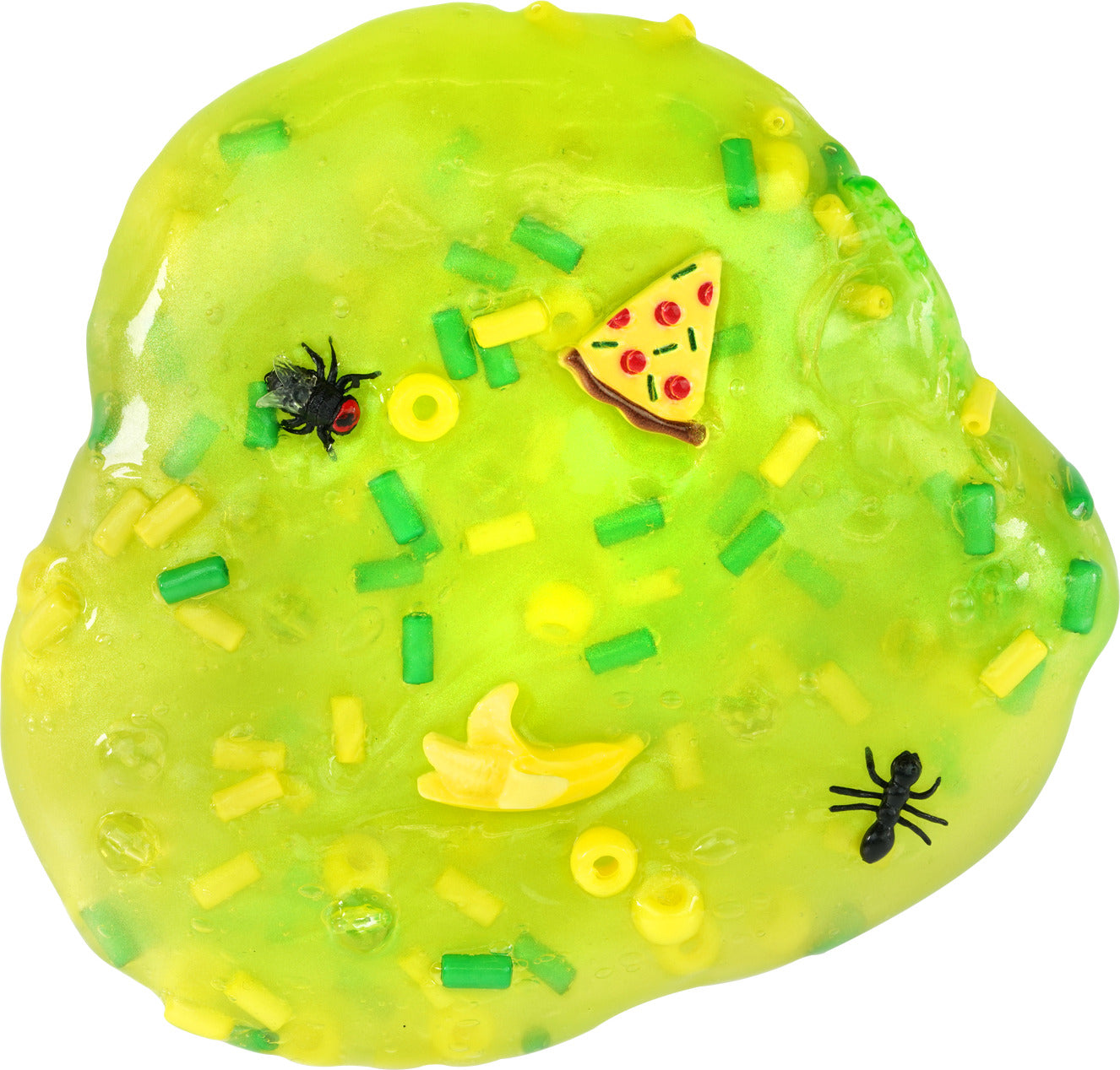 Bright green slime, resembling a gooey substance, features playful objects including a pizza slice, ants, and thin yellow and green pieces, perfect for sensory play and stress relief.