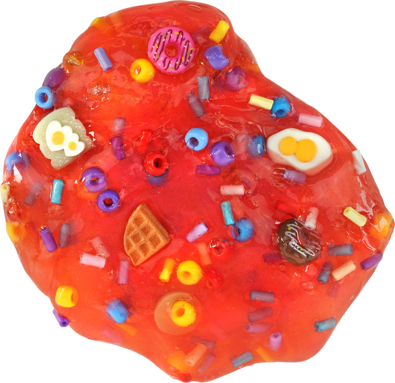 A vibrant red slime charm featuring playful elements like mini donuts, waffles, and colorful beads sprinkled throughout. The slime has a glossy finish, perfect for sensory play and creative relaxation.