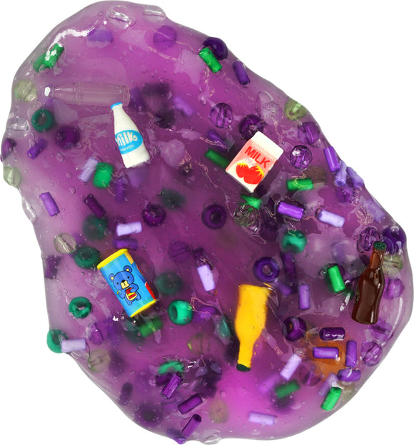 Close-up of a vibrant purple slime with various miniature charms embedded within, including colorful drink containers and beads, showcasing a fun and tactile sensory experience suitable for all ages.