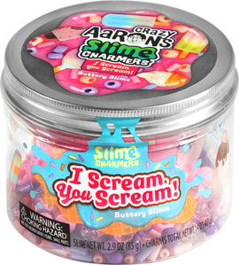 A clear plastic container filled with 'I Scream, You Scream' slime by Crazy Aaron's Puttyworld. The lid features colorful graphics, with the product's name prominently displayed. Inside the slime, various charm pieces can be seen, including colorful beads, mini ice cream cones, and other fun shapes, all surrounded by a soft, buttery slime.