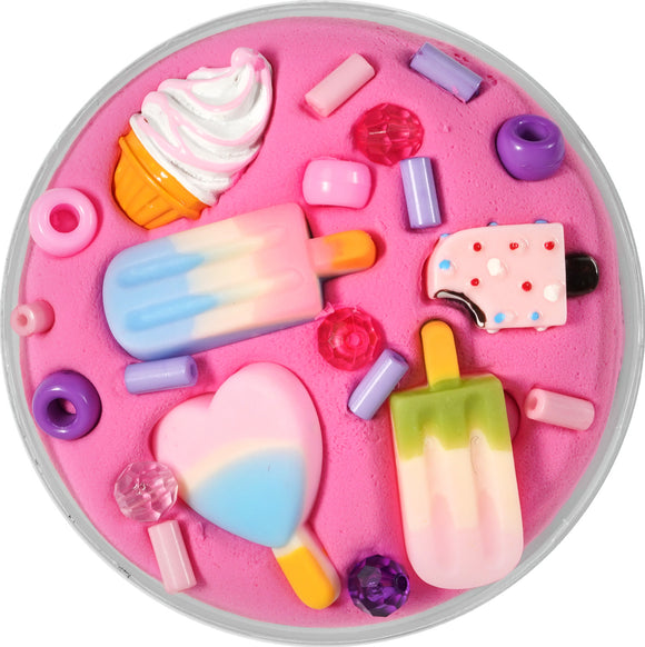 I Scream, You Scream Slime Charmers by Crazy Aaron features a vibrant pink slime base adorned with colorful themed charms including ice cream cones, popsicles, and beads. The assortment offers a playful sensory experience, perfect for fidgeting or creative play.