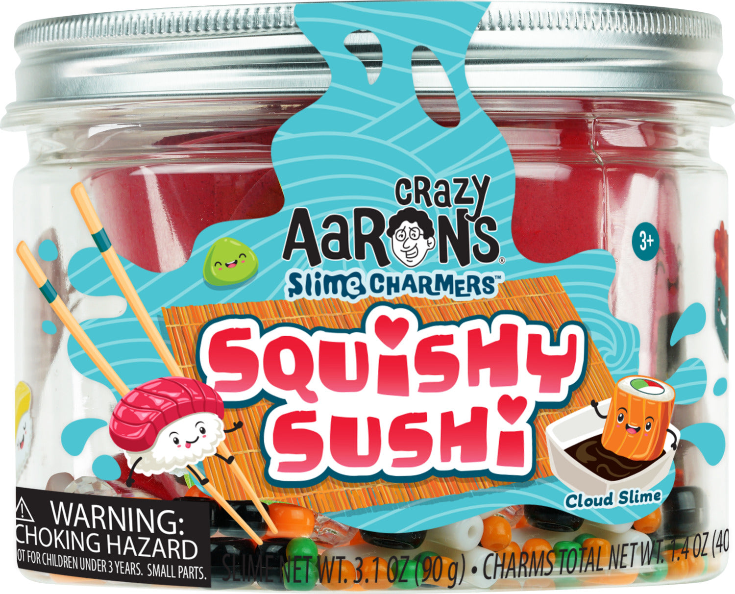 A clear jar containing Squishy Sushi Slime Charmers by Crazy Aaron. The jar is filled with colorful slime and adorable sushi-themed charms like a smiling sushi roll and a cute soy sauce container, along with vibrant beads and colorful toppings. The label features cheerful graphics and indicates that the slime is cloud slime. Warning label notes choking hazard for children under 3 years.